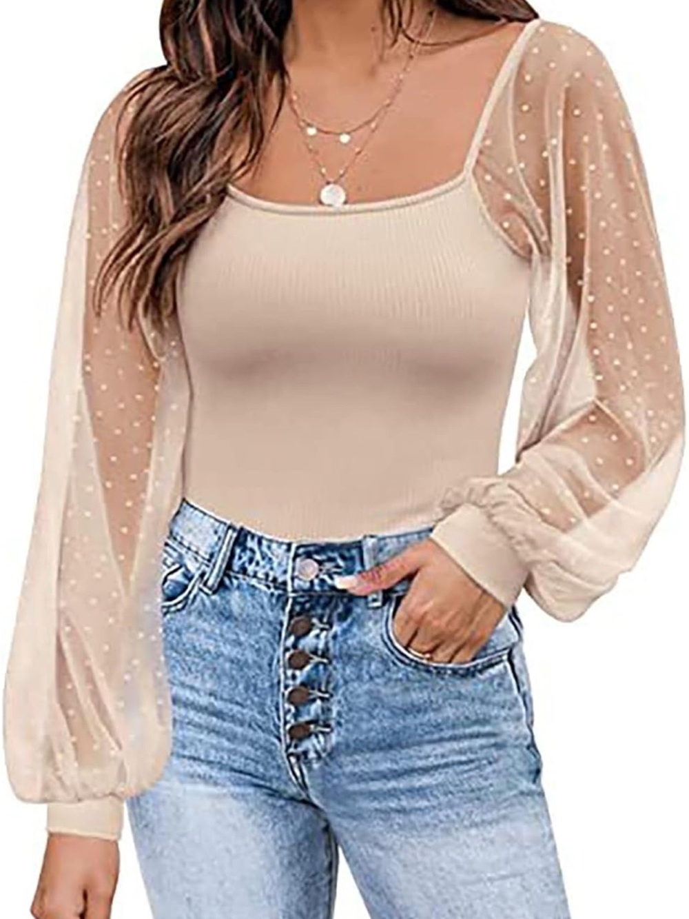 NWT Women's Lantern Sleeves Slim Fit Elegant Ribbed Knit Long Sleeve Top